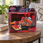 AI-generated context: pictured Bakugan Titanium Dragonoid Training Set retail carton with creases and edge wear on a family-room side table beside a sofa and book; room props not included, extra figures printed on carton are not additional included toys.