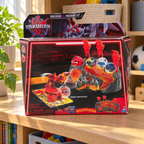 AI-generated context: pictured Bakugan Titanium Dragonoid Training Set retail carton with creases and edge wear on a wood playroom shelf with baskets in the background; room props not included, extra figures printed on carton are not additional included toys.