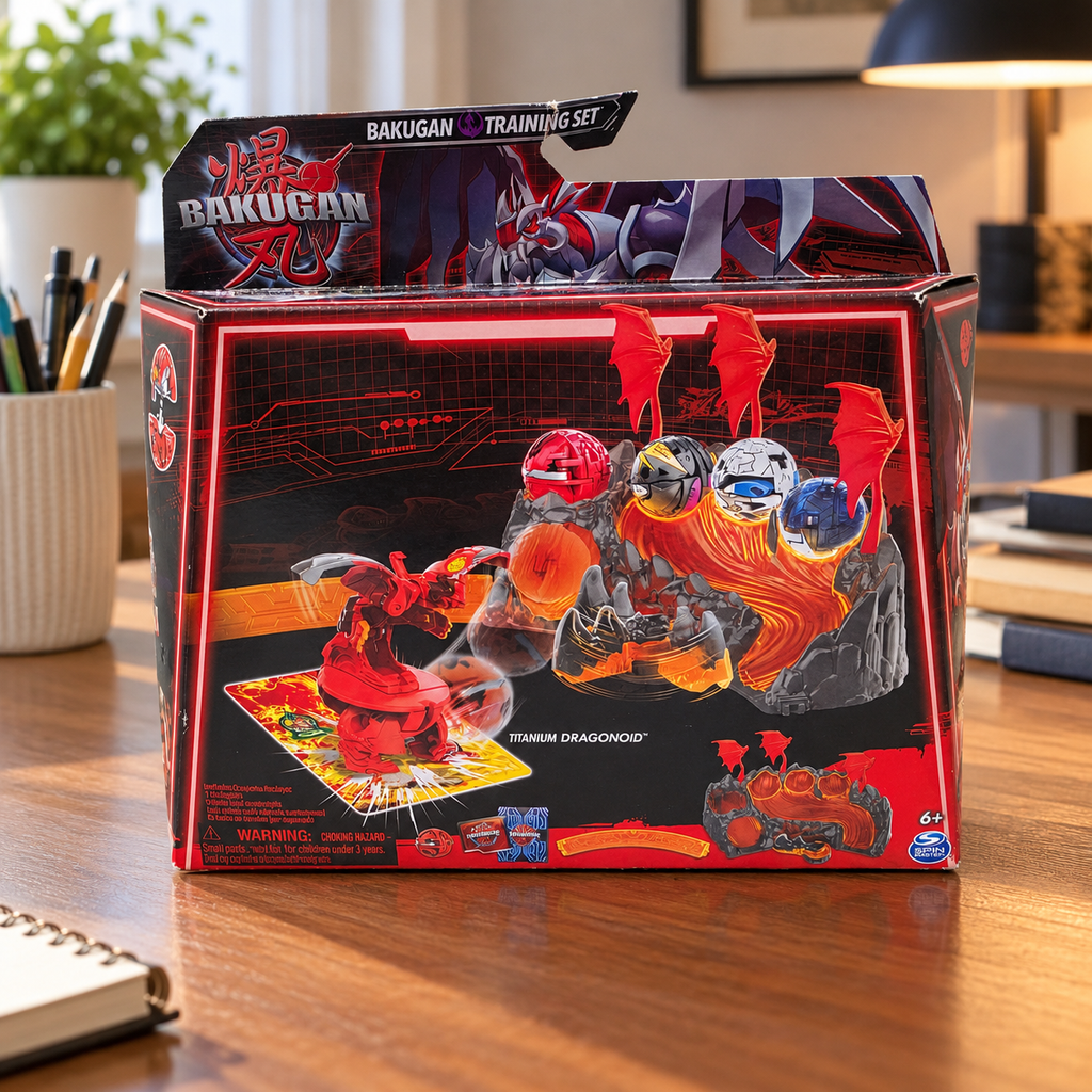 AI-generated context: pictured Bakugan Titanium Dragonoid Training Set retail carton with creases and edge wear on a home study desk with a pencil cup; room props not included, extra figures printed on carton are not additional included toys.