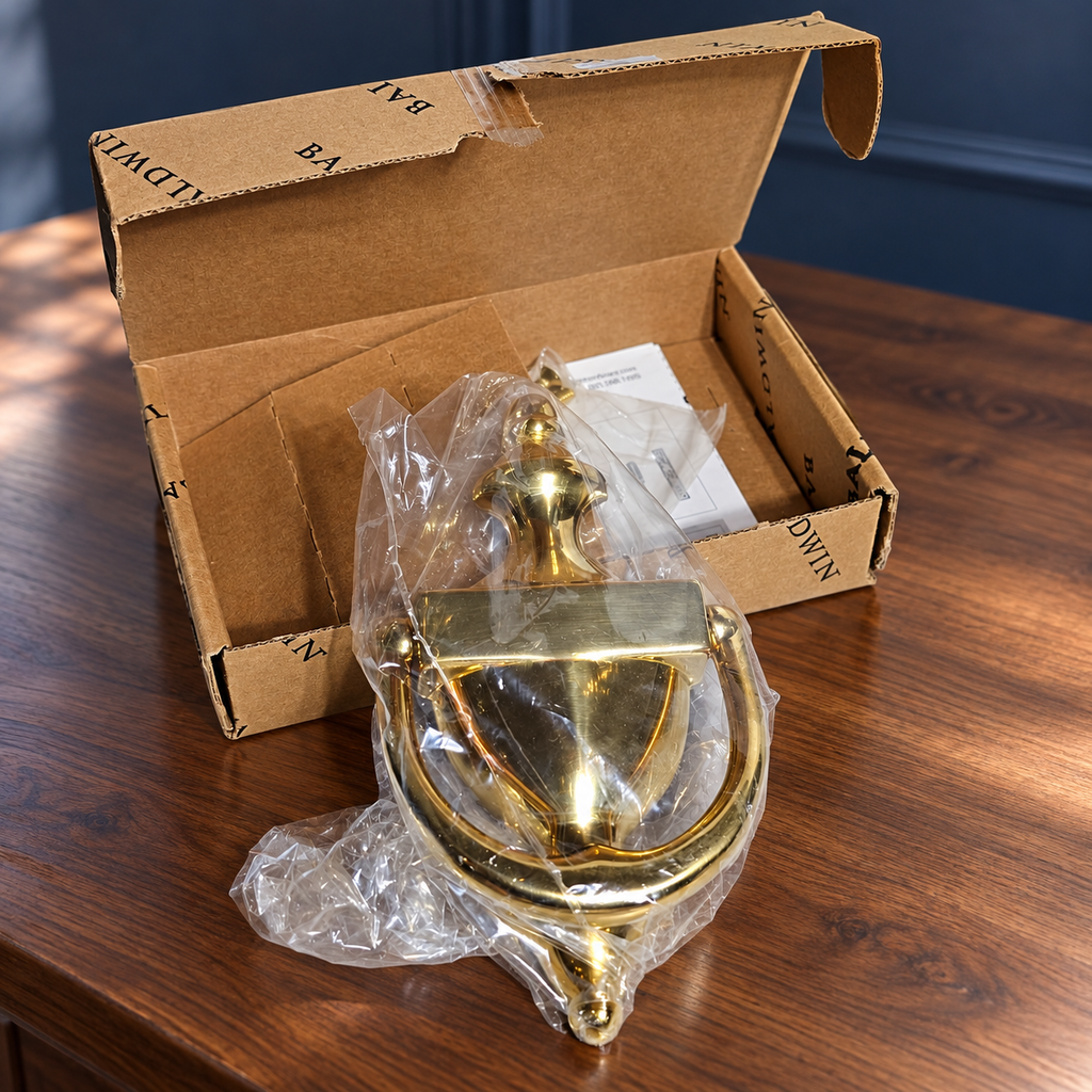 AI-generated context: the bagged Baldwin Colonial brass knocker and opened box on a walnut console; console is not included.
