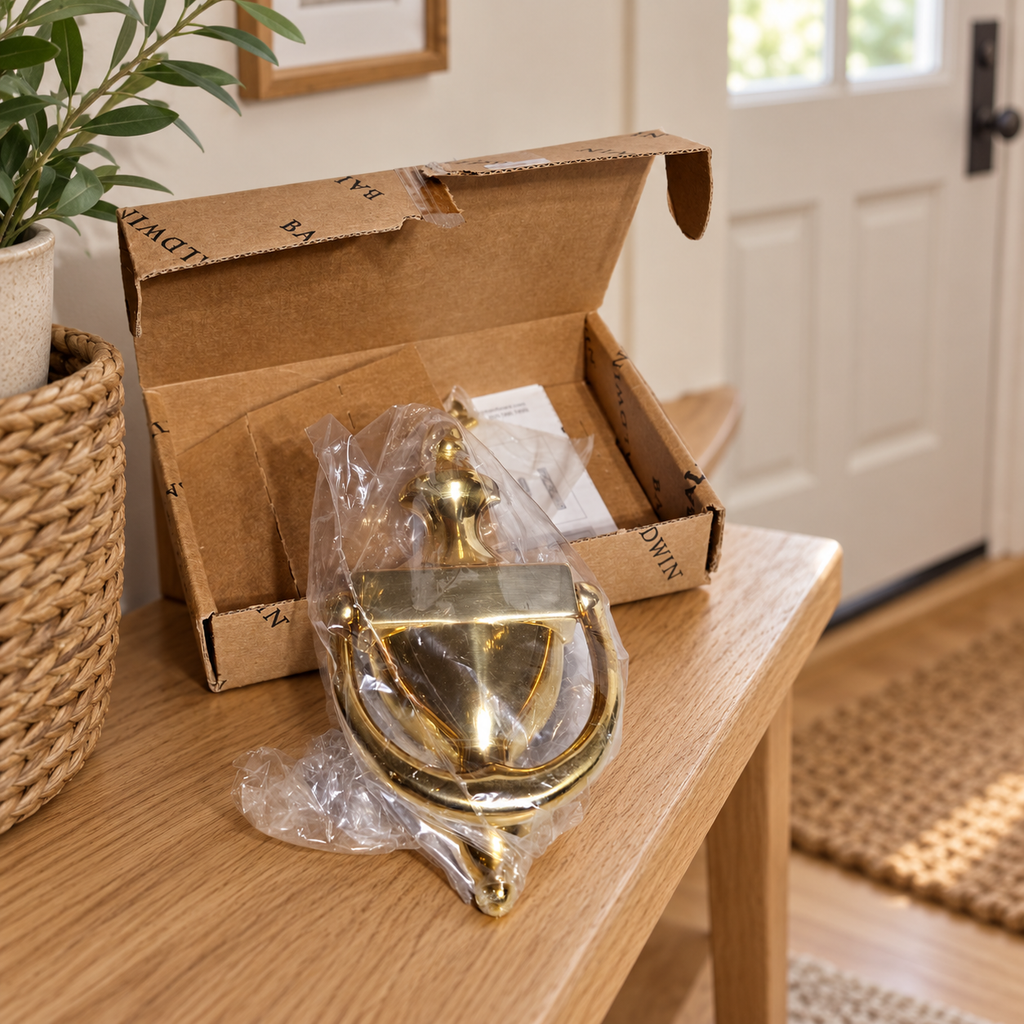 AI-generated context: the bagged Baldwin Colonial brass knocker and opened box on an entry bench; door, basket and setting props are not included.