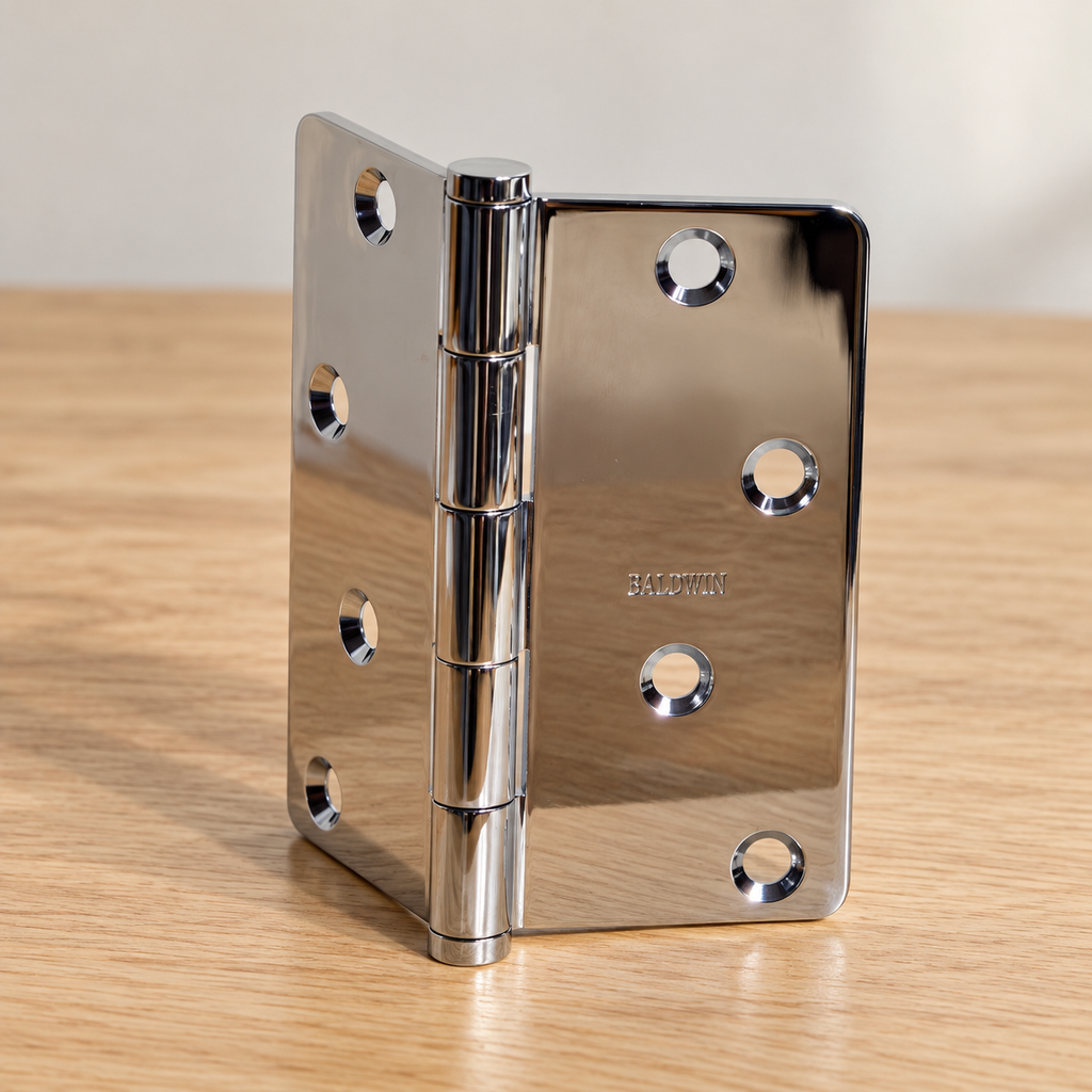 AI-generated product detail: one Baldwin polished-chrome hinge partly open on a wood surface.