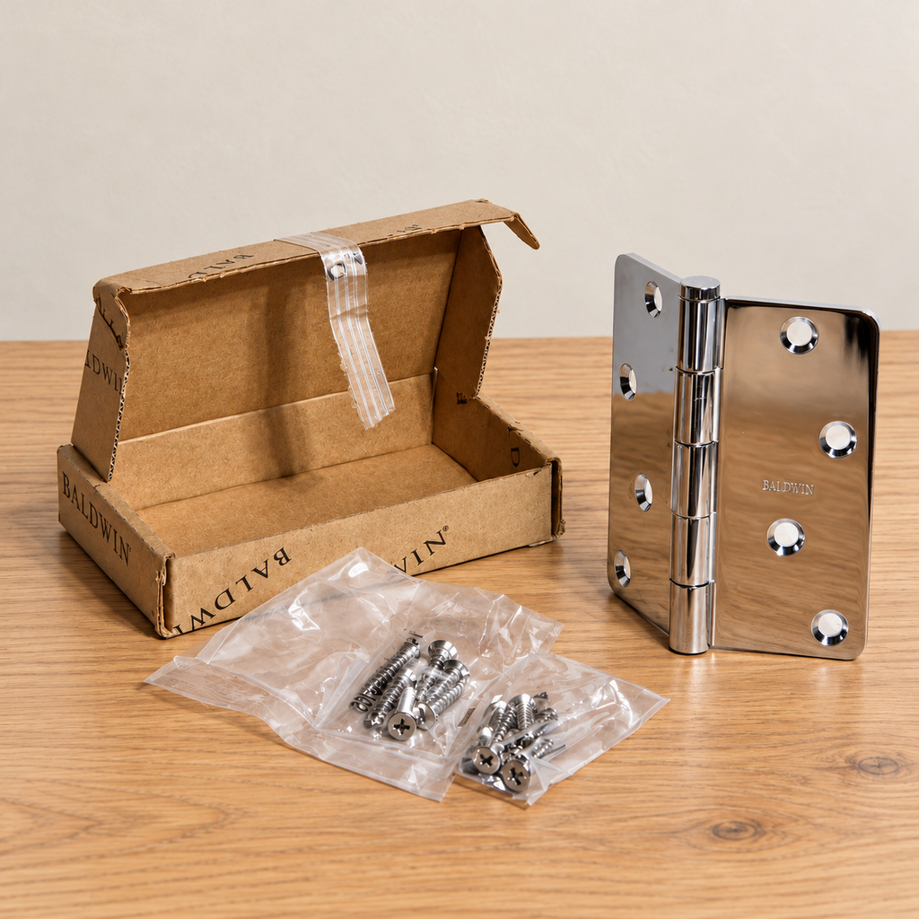 AI-generated product detail: one Baldwin chrome hinge with its opened box and bagged screws; actual stock photographs show the stocked kit.
