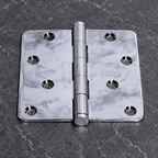 AI-generated close-up: Baldwin chrome hinge with four staggered holes per leaf and five knuckles; this is not an actual stock photo.