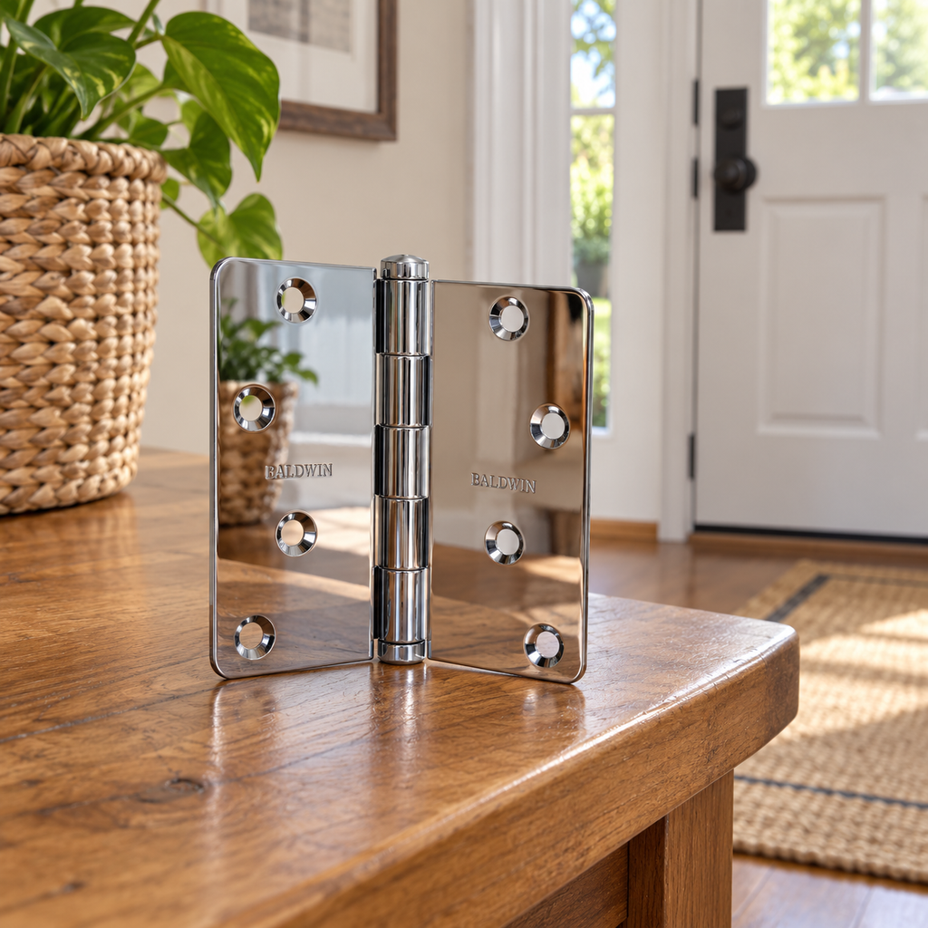 AI-generated room context: one Baldwin chrome hinge on an entry bench near a door; room props are not included.