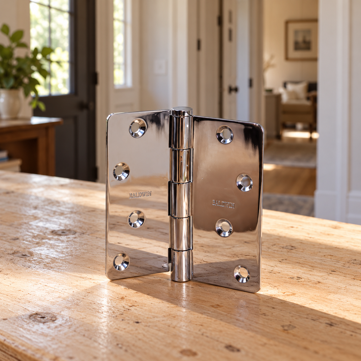 AI-generated room context: one Baldwin chrome hinge on a renovation table with a hallway behind; table and setting are not included.