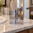 AI-generated room context: one Baldwin chrome hinge on a bathroom vanity near an open door; vanity, towels and setting props are not included.