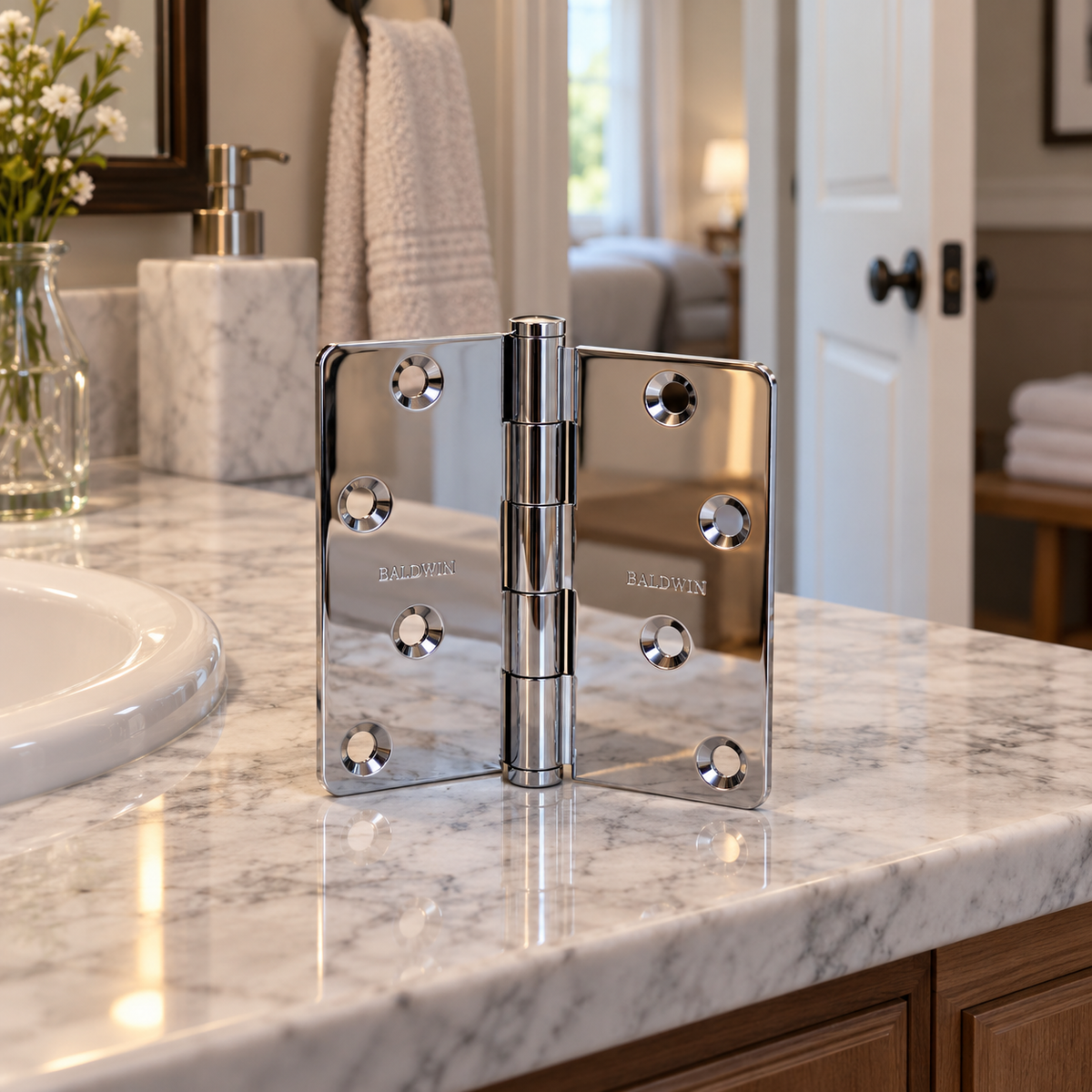 AI-generated room context: one Baldwin chrome hinge on a bathroom vanity near an open door; vanity, towels and setting props are not included.