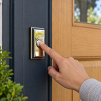 AI-generated room context: adult pressing a Baldwin rectangular polished-nickel doorbell button on fixed dark trim beside an oak door; door and setting props not included.