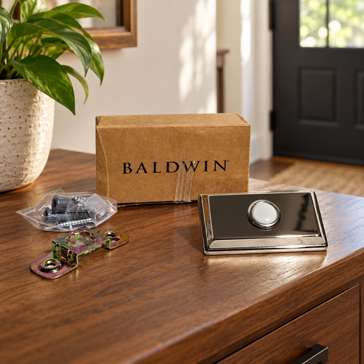 AI-generated room context: Baldwin rectangular nickel button, bracket, bagged fasteners and box on a walnut entry console; furniture and plant are not included.