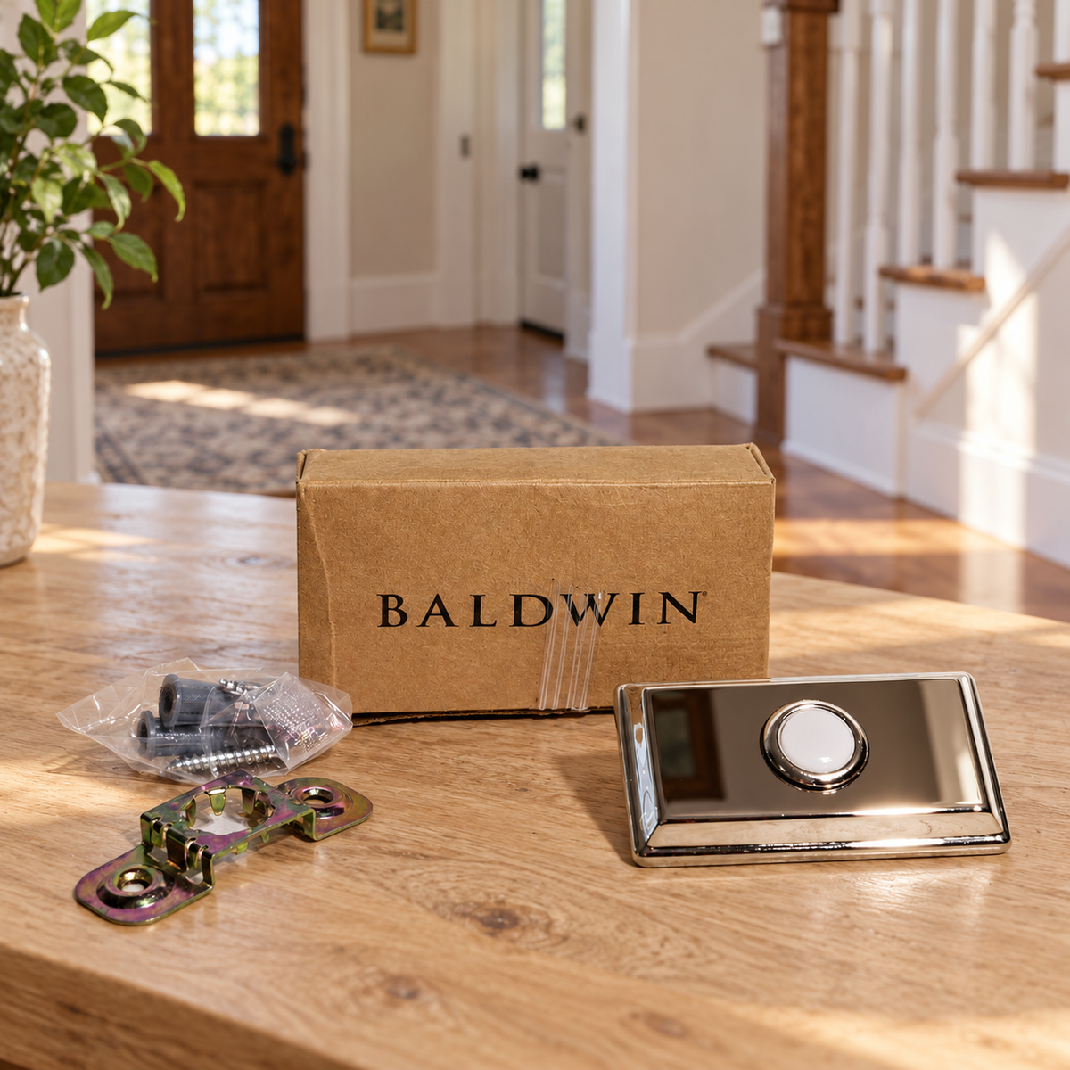AI-generated room context: Baldwin rectangular nickel button kit on a renovation table with a hallway behind; table and setting props not included.
