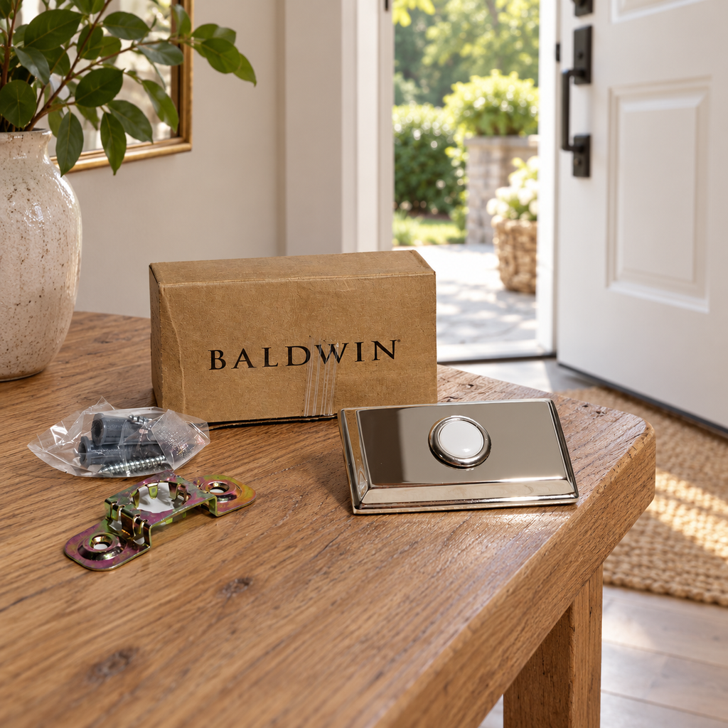 AI-generated room context: Baldwin rectangular nickel button kit on an oak entry bench beside an open door; door, basket and other room props not included.