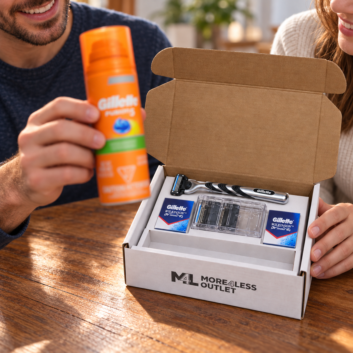 Opening a More4less Barber Box gift with the orange Gillette Fusion5 gel held beside the Mach3 razor, two refills and two Wilkinson Sword packs.