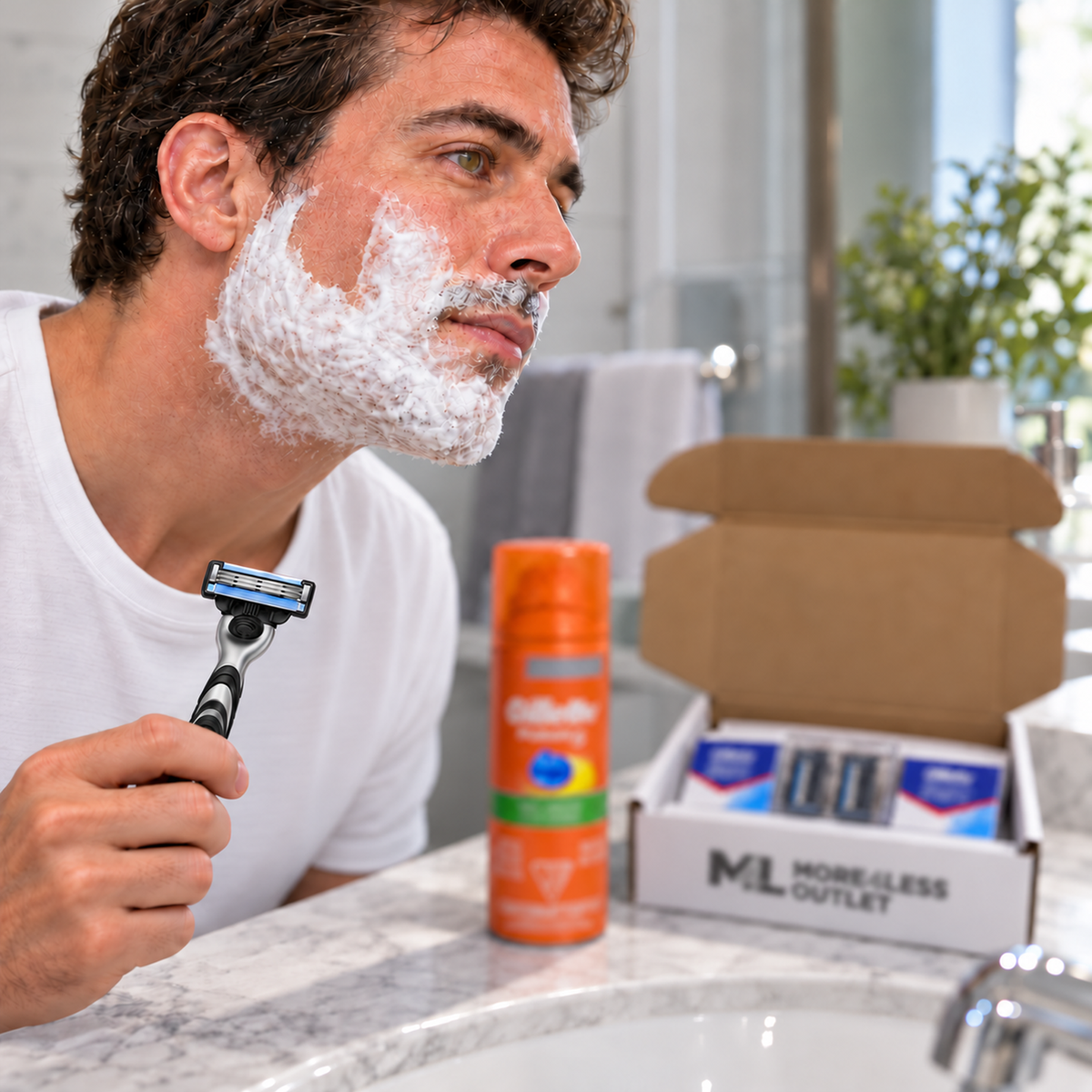 An adult preparing to shave with the Gillette Mach3 razor beside the Fusion5 gel and open More4less Barber Box.