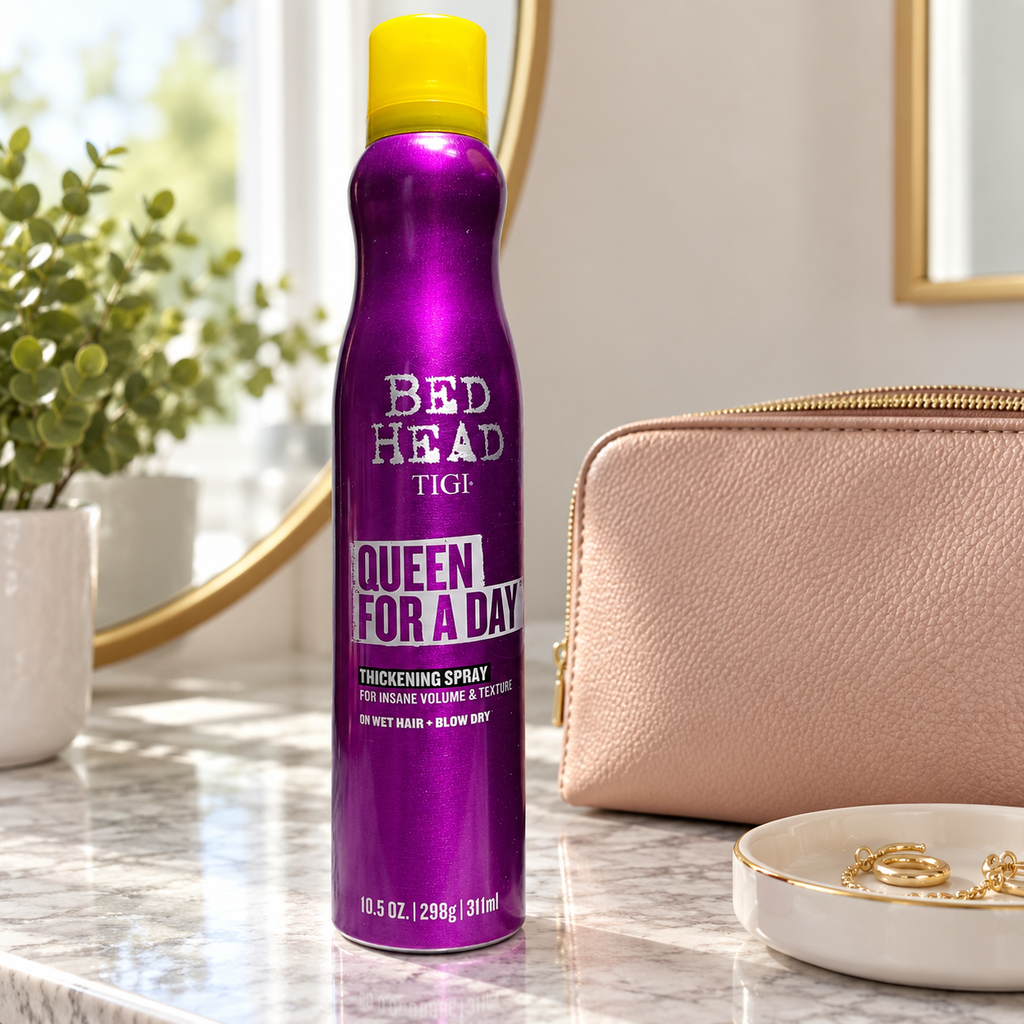 AI-generated lifestyle illustration of one Bed Head TIGI Queen For A Day 10.5 oz can in a home dressing table setting; props not included