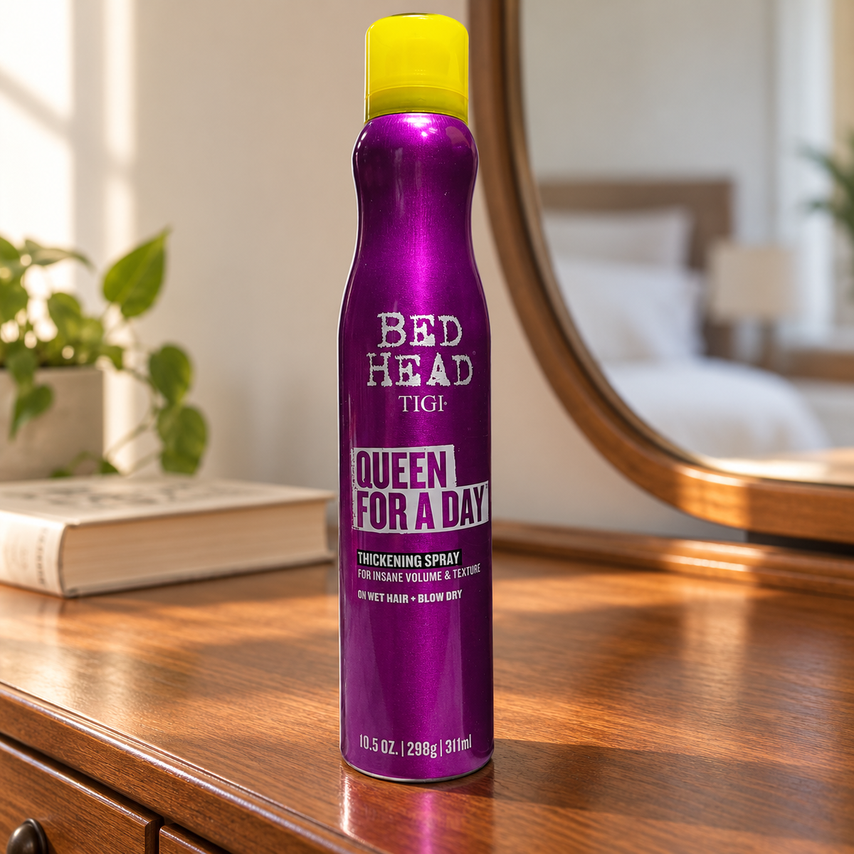 AI-generated lifestyle illustration of one Bed Head TIGI Queen For A Day 10.5 oz can in a home bedroom dresser setting; props not included