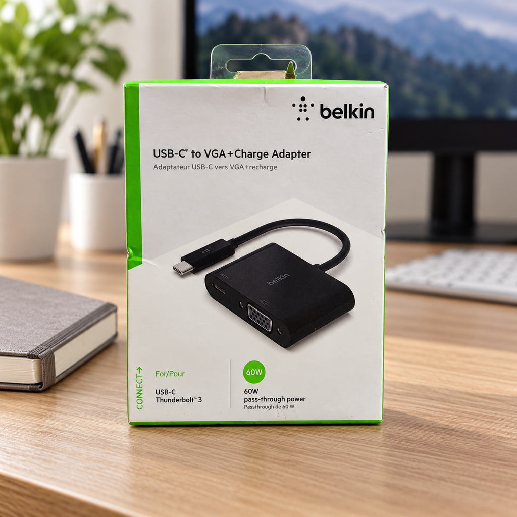 AI-generated lifestyle illustration of the Belkin AVC001 VGA + Charge Adapter retail box in a home office; background props not included