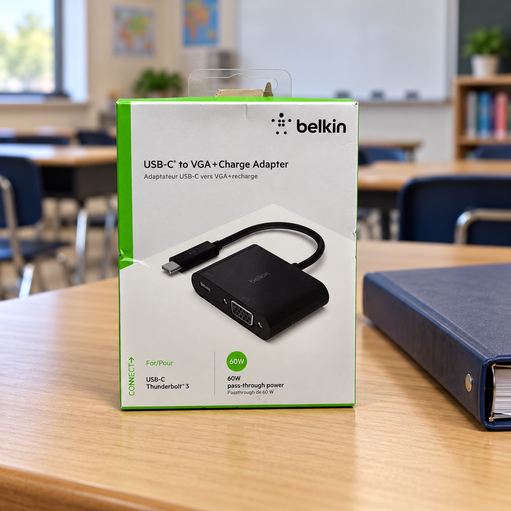 AI-generated lifestyle illustration of the Belkin AVC001 VGA + Charge Adapter retail box in a classroom; background props not included