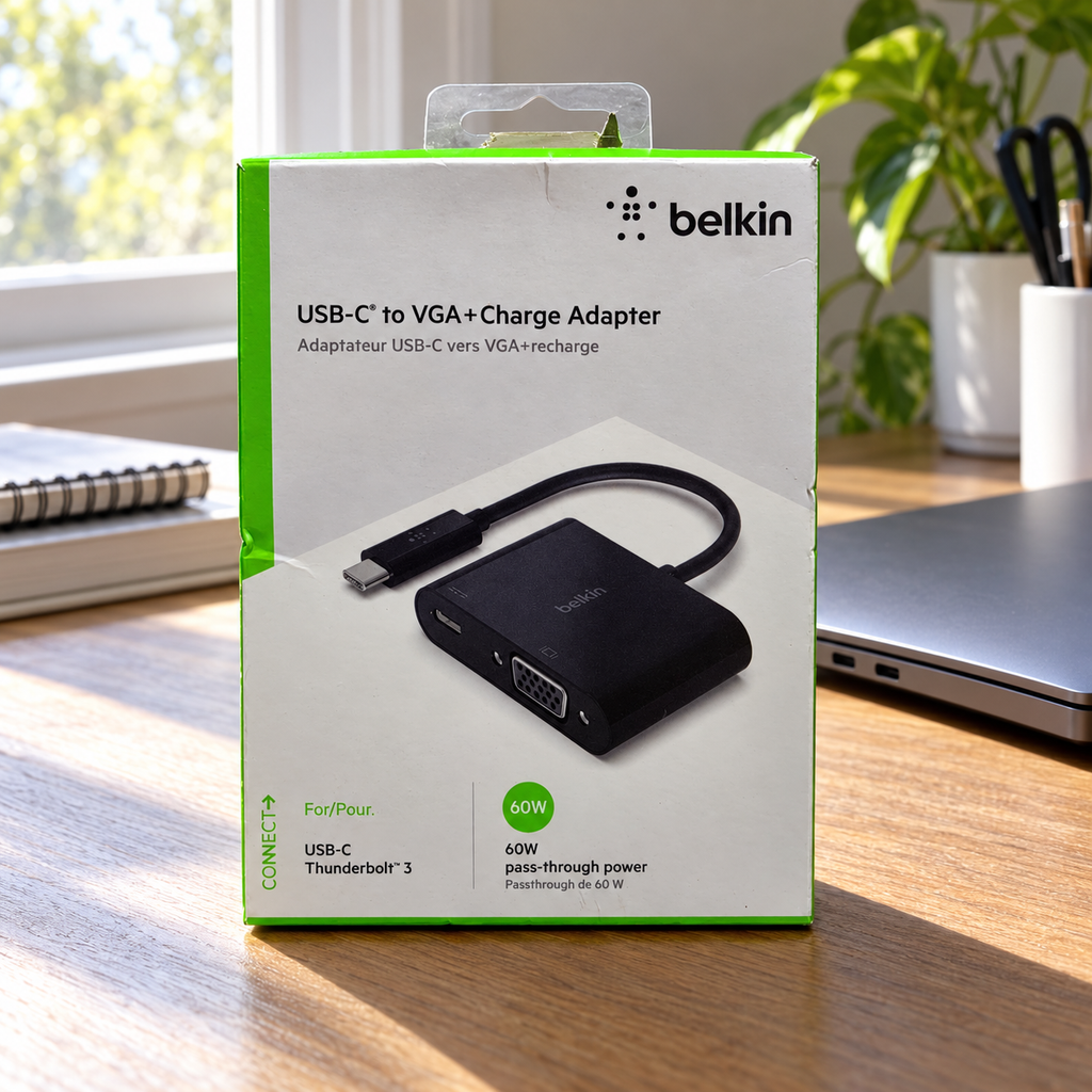 AI-generated lifestyle illustration of the Belkin AVC001 VGA + Charge Adapter retail box in a home workspace; background props not included