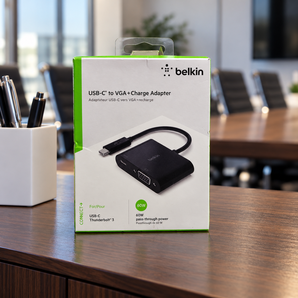 AI-generated lifestyle illustration of the Belkin AVC001 VGA + Charge Adapter retail box in a meeting room; background props not included