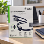 AI-generated lifestyle illustration of the boxed Belkin Pro Flex blue 2 m USB-A to Lightning cable in a home office; background props not included