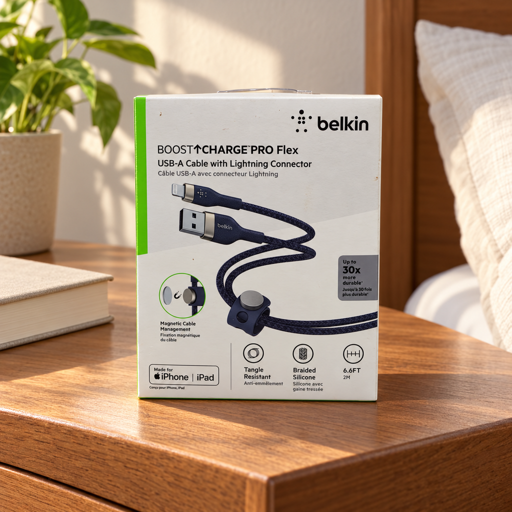 AI-generated lifestyle illustration of the boxed Belkin Pro Flex blue 2 m USB-A to Lightning cable in a bedside room; background props not included