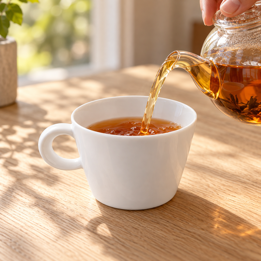 Tea pours from a glass teapot into a smooth white Bernardaud Organza Opus teacup.