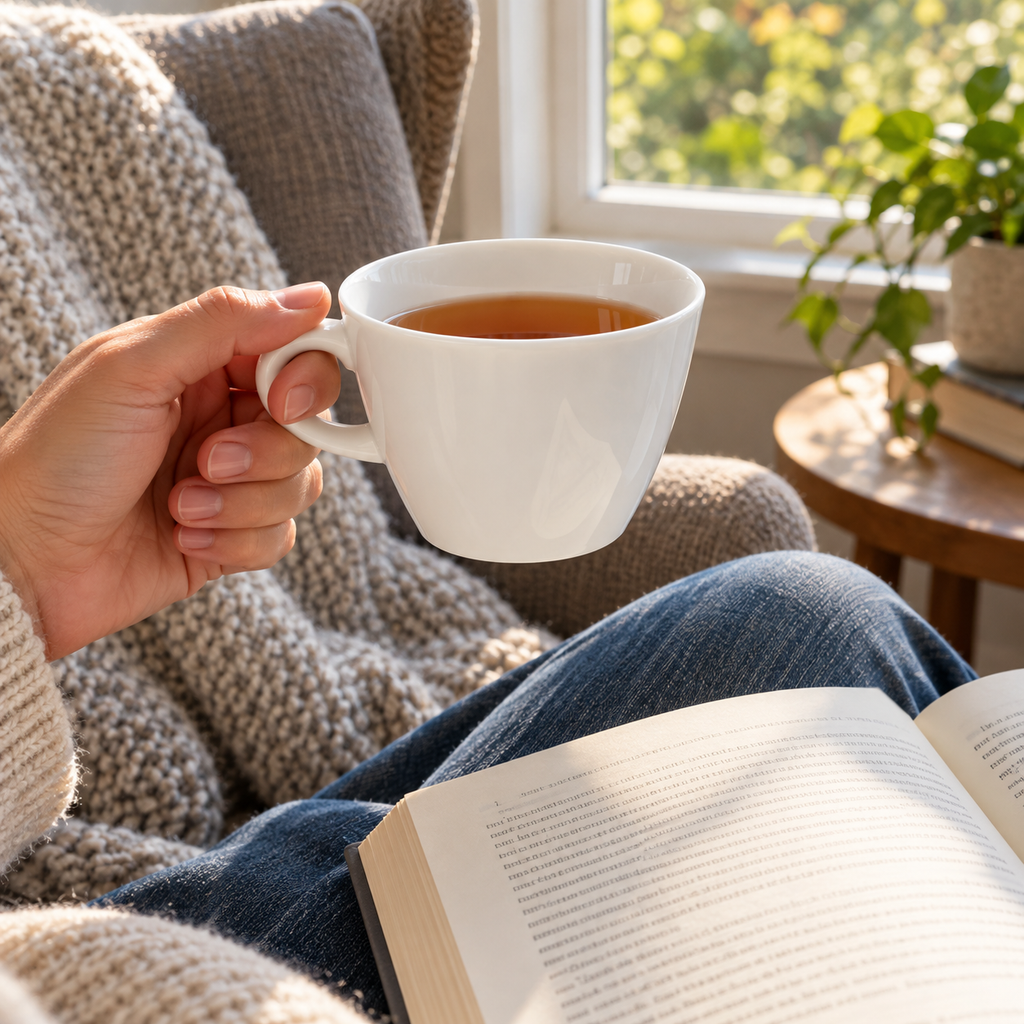 A hand holds a smooth white Bernardaud Opus teacup of tea beside an open book.