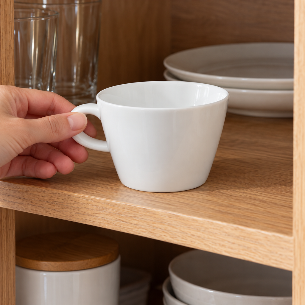 A hand places a white Bernardaud Opus teacup upright on a wooden cupboard shelf.