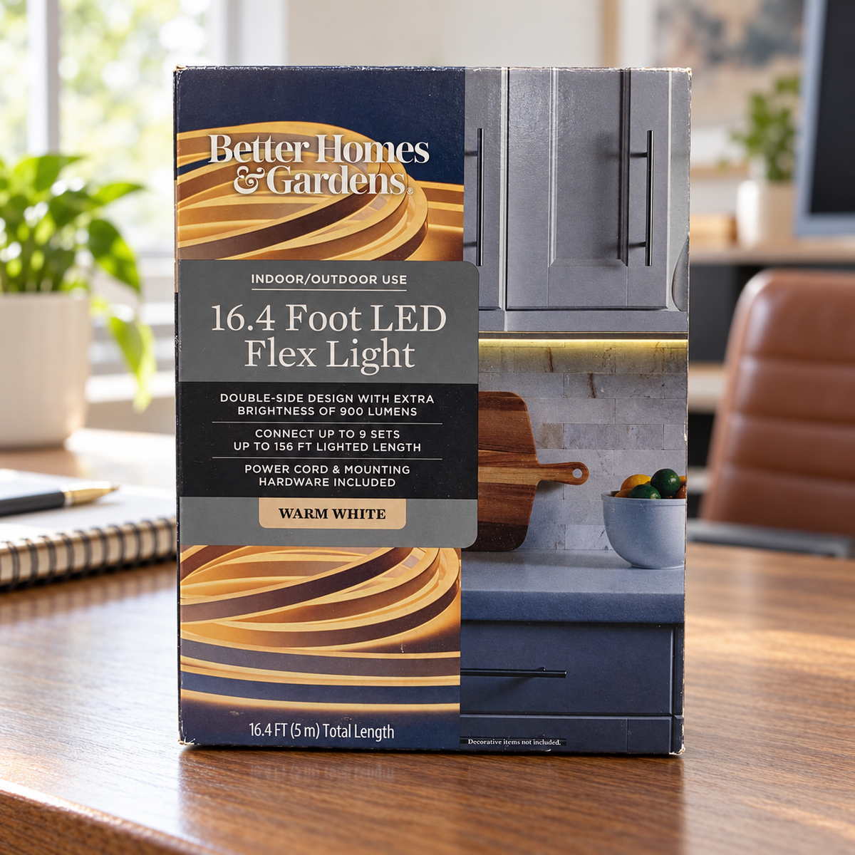 AI-generated scene of the same closed warm-white LED flex-light carton on a home-office desk; background props excluded.