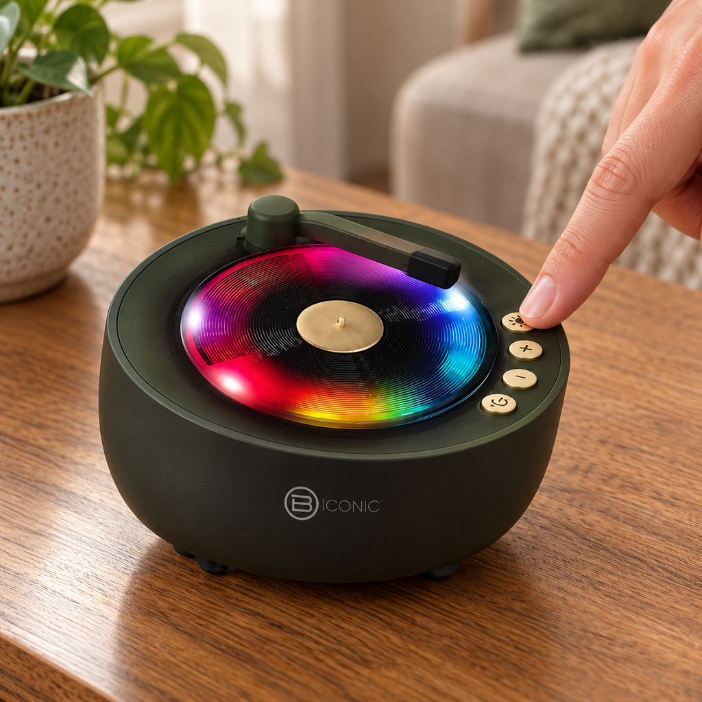 AI-generated illustration of an adult pressing the light-mode button on the matching BIconic retro LED speaker; not the actual stock unit.