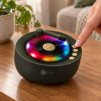 AI-generated illustration of an adult pressing the light-mode button on the matching BIconic retro LED speaker; not the actual stock unit.