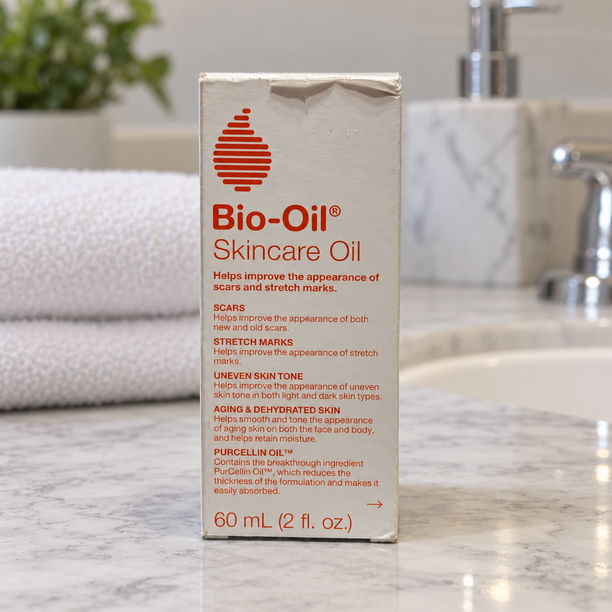 AI-generated lifestyle illustration of the same Bio-Oil 60 mL retail carton with top creasing on a bathroom vanity; towel and room props excluded.