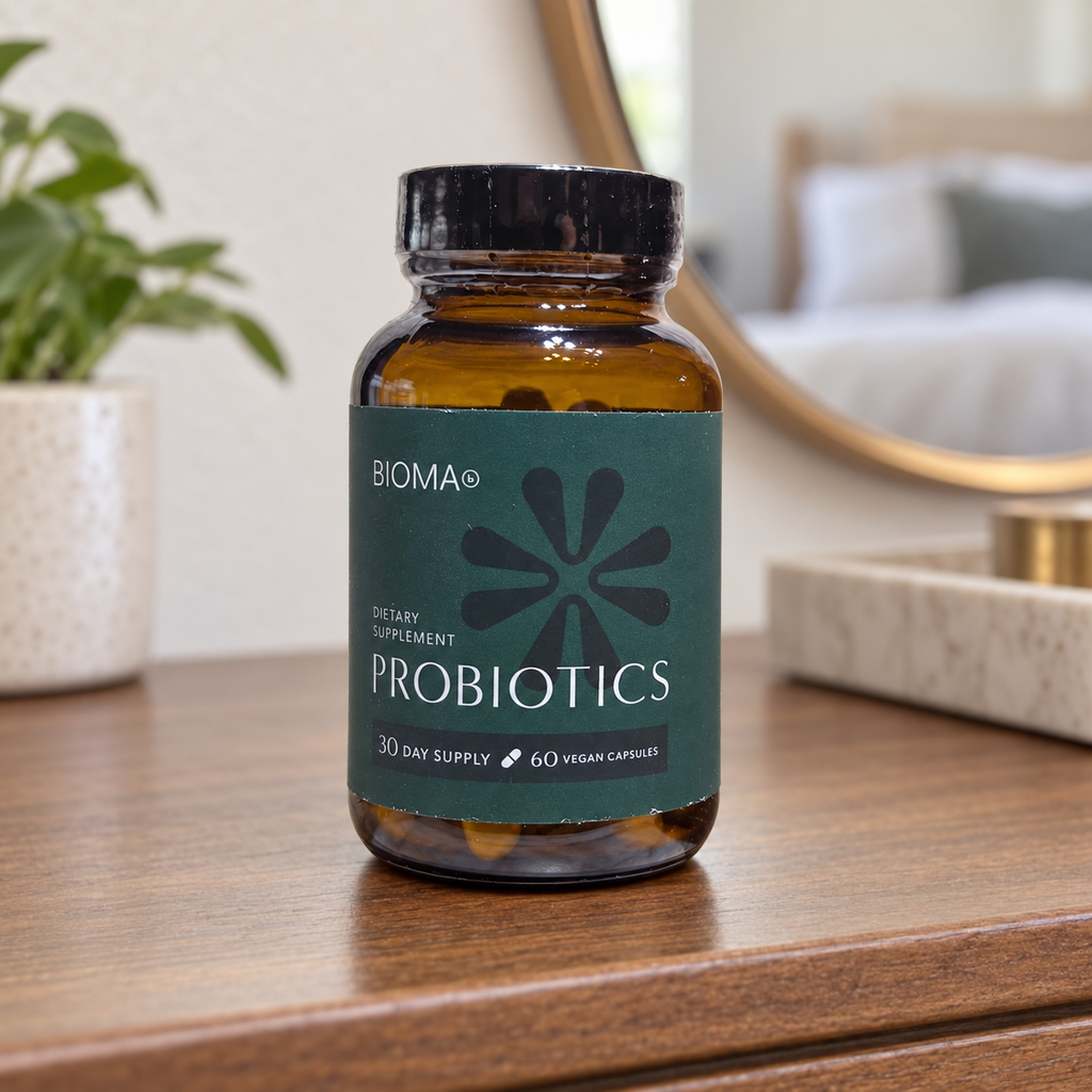 AI-generated lifestyle illustration of one matching teal-label BIOMA Probiotics 60-vegan-capsule bottle on a bedroom dresser; props excluded.