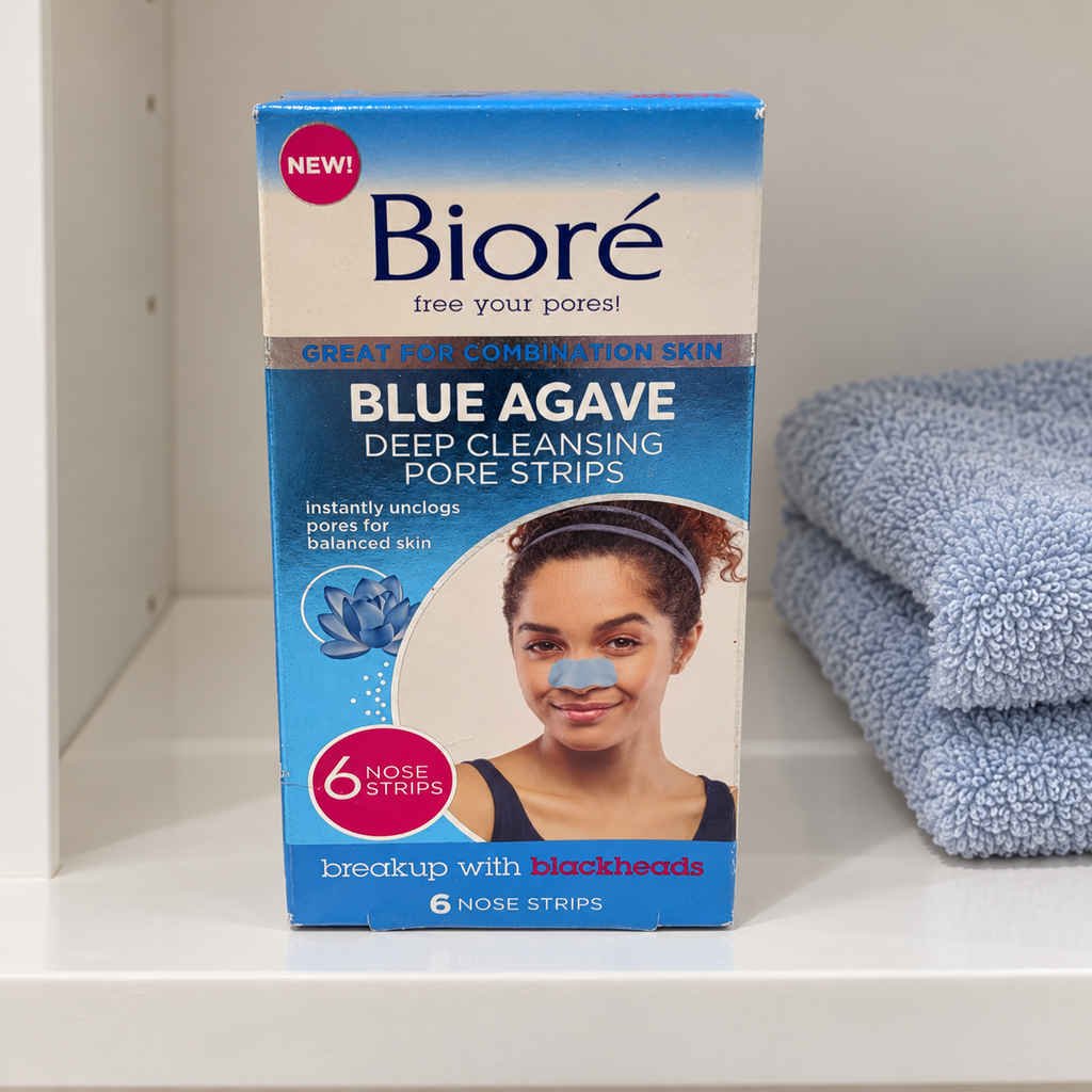 AI-generated lifestyle illustration of one matching Bioré Blue Agave 6-nose-strip retail box in a dry bathroom shelf; props excluded.