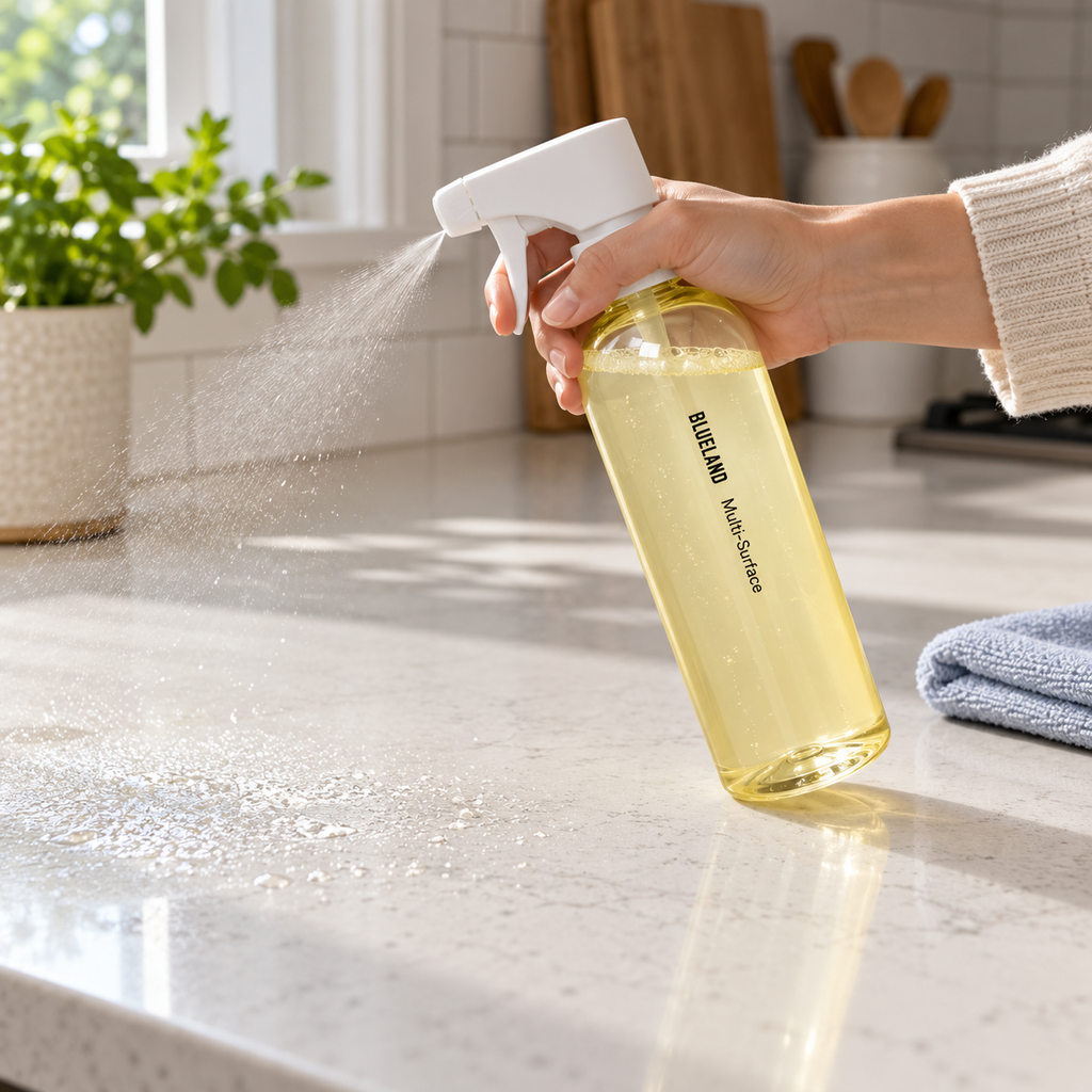 Blueland Multi-Surface Cleaner being sprayed onto a sealed kitchen countertop