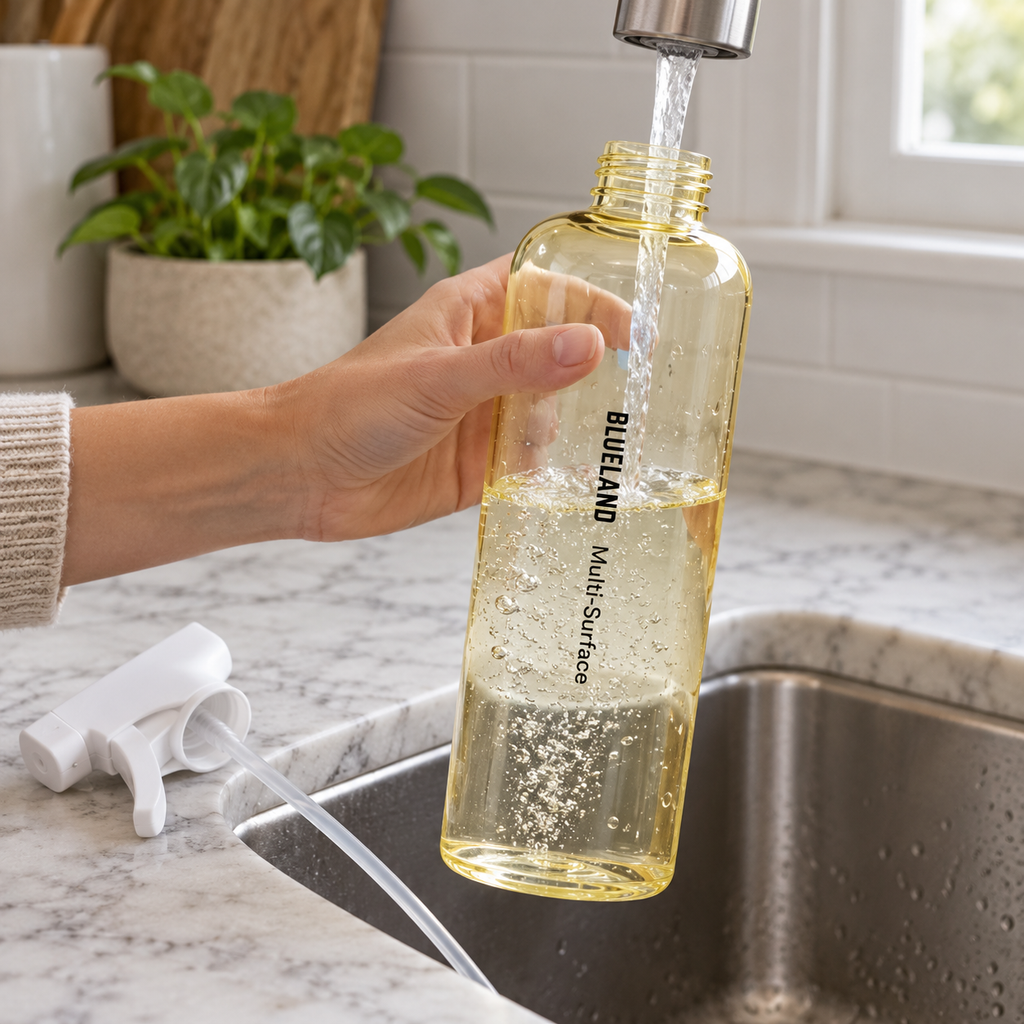 Blueland yellow refillable bottle being filled with water at a sink, with its white spray head removed
