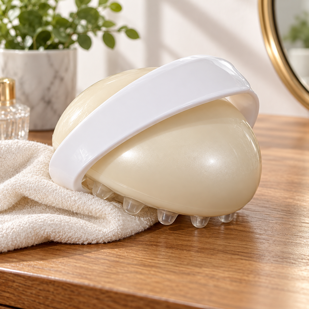 Mary Kay body massager beside a dry cloth on a wooden dressing table