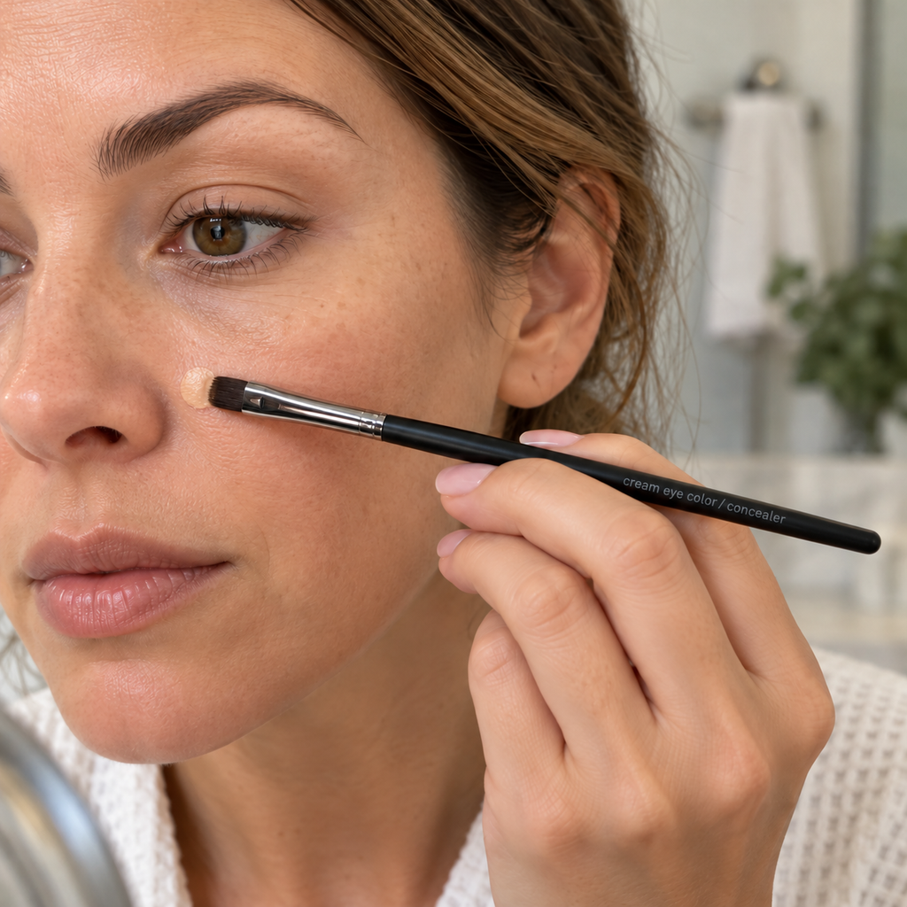 Using the small Mary Kay brush to blend concealer beside the nose.