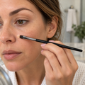 Using the small Mary Kay brush to blend concealer beside the nose.