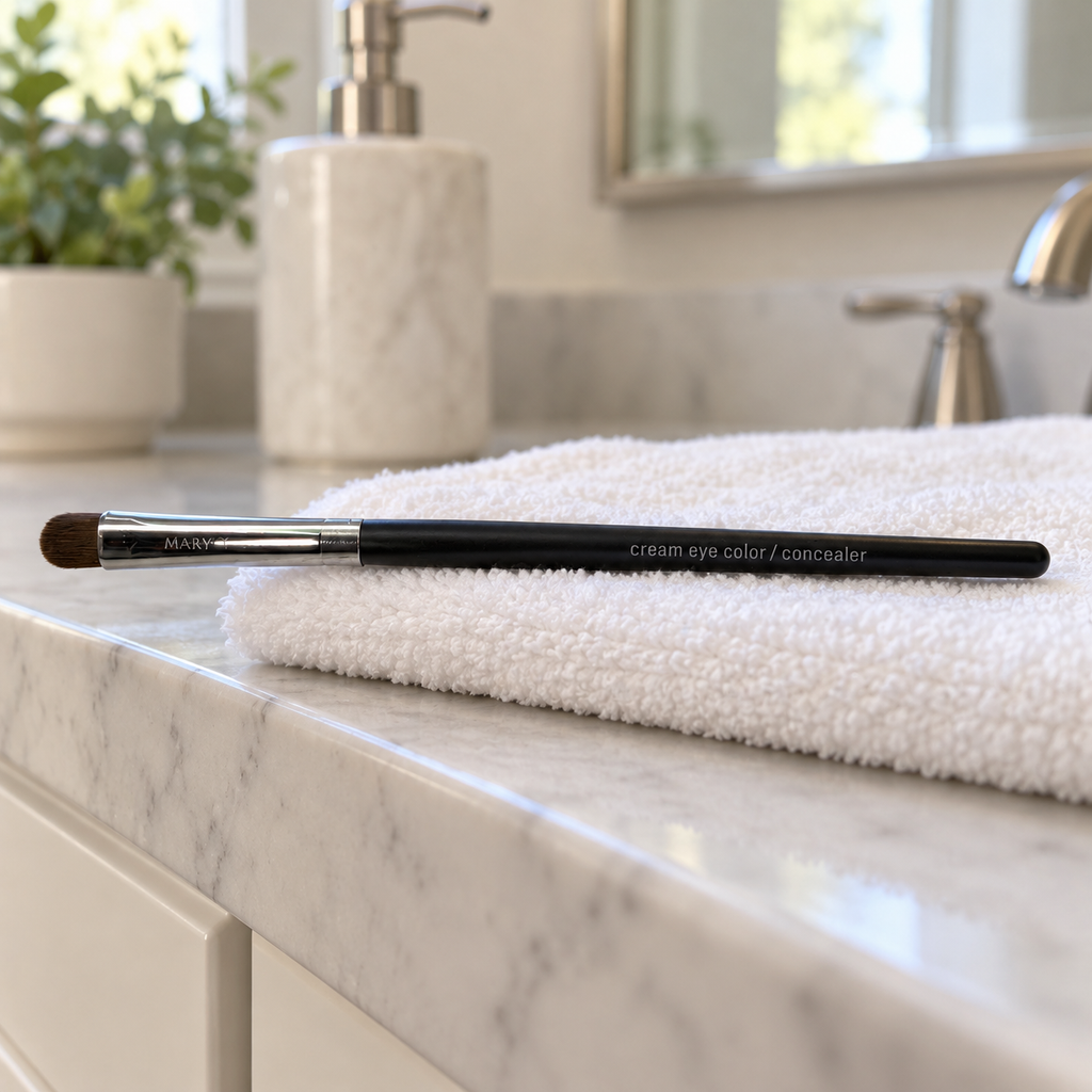 Mary Kay cream eye color and concealer brush drying flat with the bristles clear of the towel.