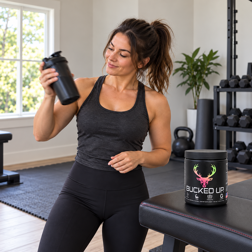 Shaking a drink before exercise with Bucked Up pre-workout nearby. AI-assisted illustration.
