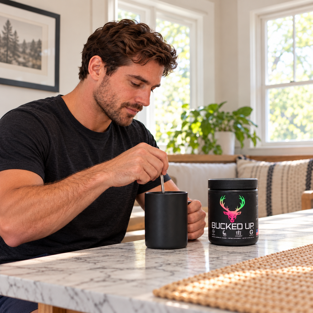 Stirring a drink beside a Bucked Up pre-workout tub. AI-assisted illustration.