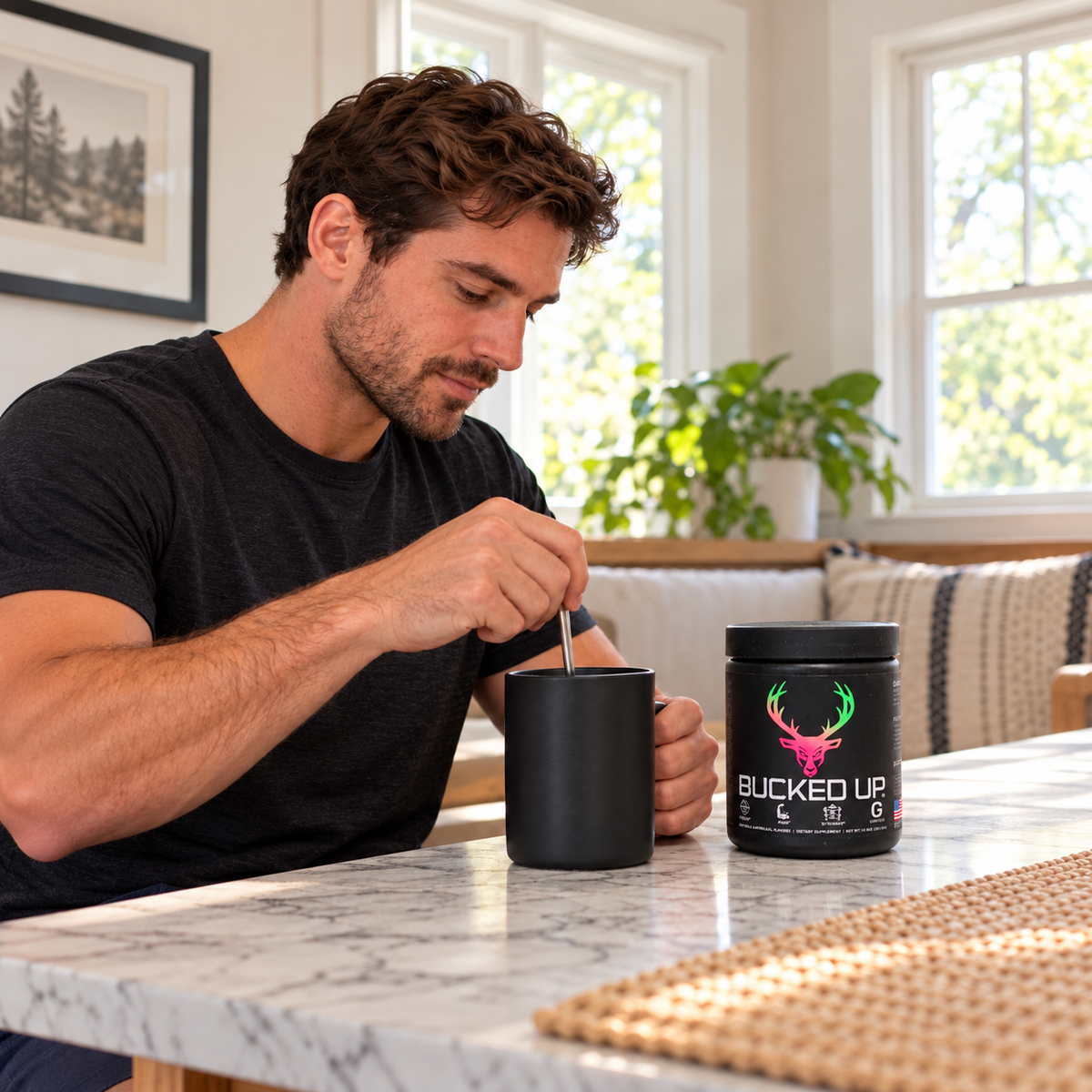 Stirring a drink beside a Bucked Up pre-workout tub. AI-assisted illustration.