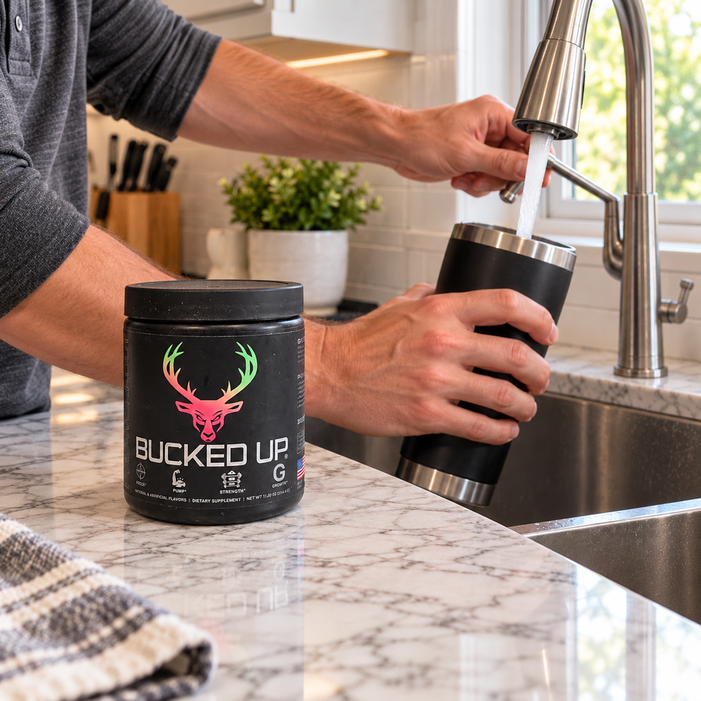 Filling a tumbler with water beside Bucked Up pre-workout. AI-assisted illustration.