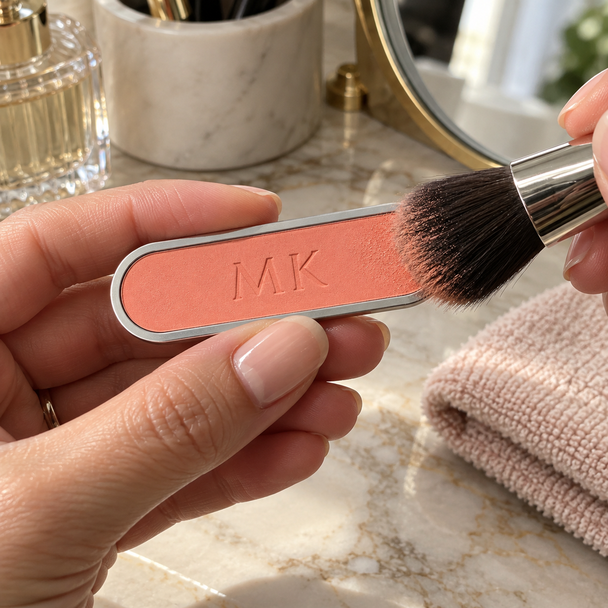 Loading a blush brush with Apricot Breeze cheek color