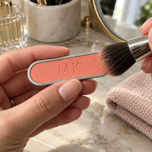 Loading a blush brush with Apricot Breeze cheek color