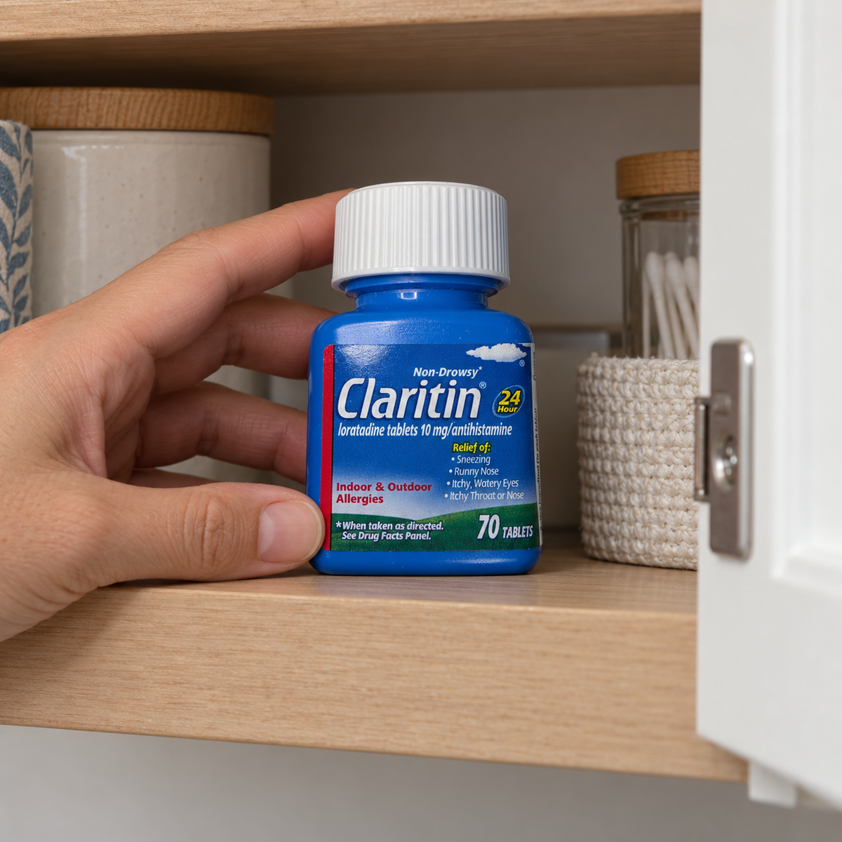 AI-generated scene of a closed Claritin70-tablet bottle on a household shelf; props not included.