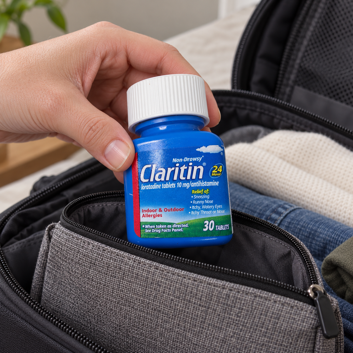 AI-generated scene of a closed Claritin30-tablet bottle in a travel pouch; props not included.