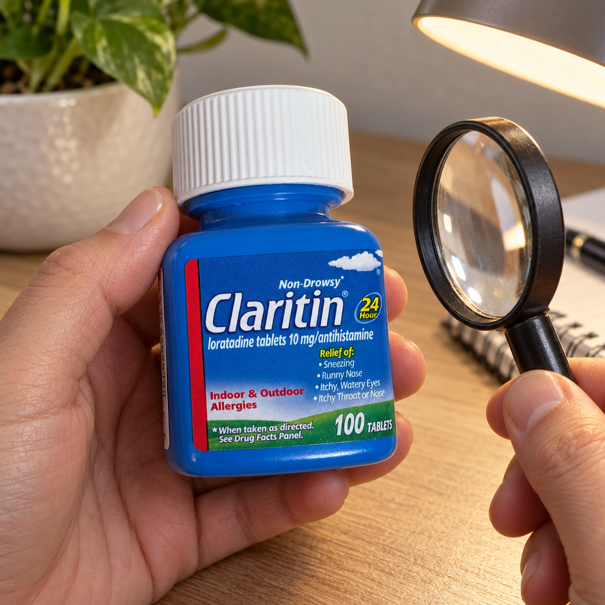 AI-generated scene of a closed Claritin100-tablet bottle beside a magnifier; props not included.